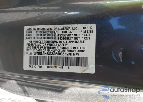 2012 Honda Odyssey Ex-L from USA, damaged, VIN 5FNRL5H68CB056035